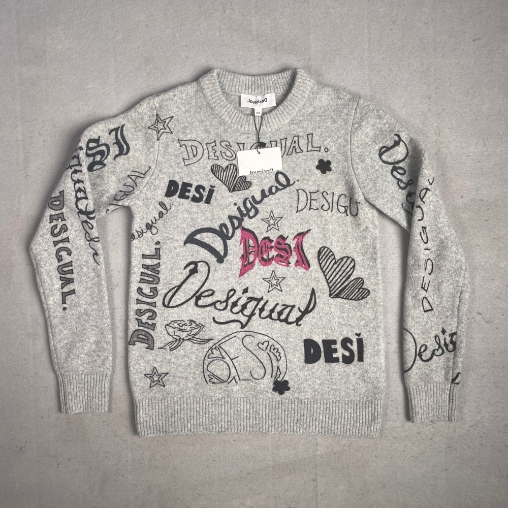 New Desigual Graphic Print Sweater Pullover Crew Neck Casual Top XS